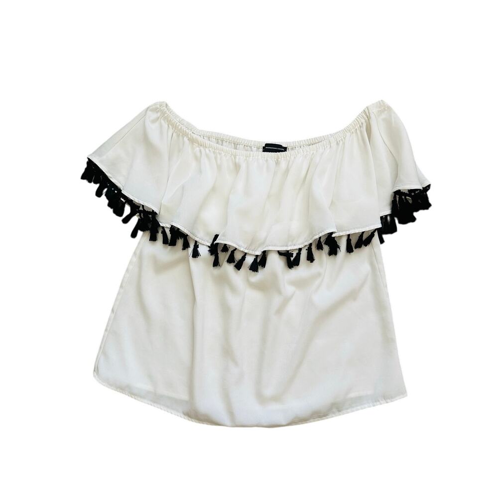 INC International Concepts Off Shoulder Tassel Trim Blouse White Black Size S